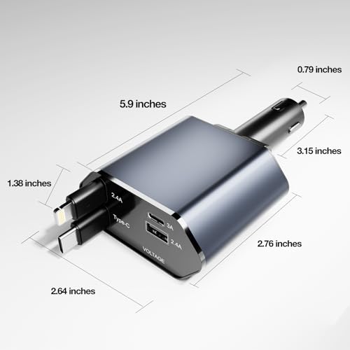 4 in 1 Retractable Car Charger, 60W Fast Charging, Voltage Display