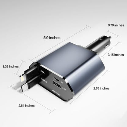 4 in 1 Retractable Car Charger, 60W Fast Charging, Voltage Display