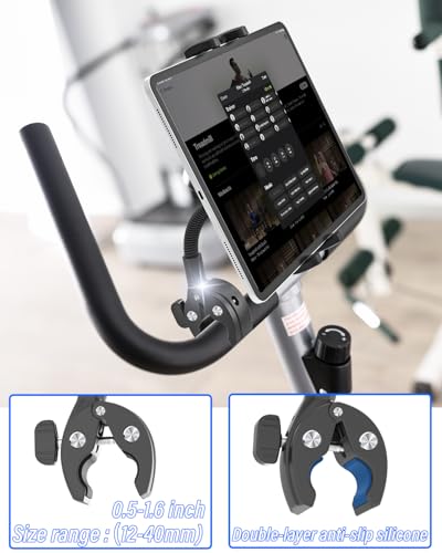 Charchendo Metal Gooseneck Tablet Mount with Anti-Slip Silicone, Universal Clamp-On Round Tube iPad Holder for Indoor Cycling Bike, Gym Bike, Elliptical & Rowing Machine, Fits 4-13in Tablets & More