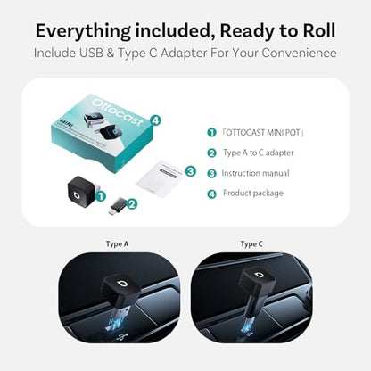 OTTOCAST Mini 3.0 (Pot) 2025 2-in-1 Wireless CarPlay/Android Auto Adapter, 5GHz WiFi, Auto Connect for 2016+ Cars - color: Black