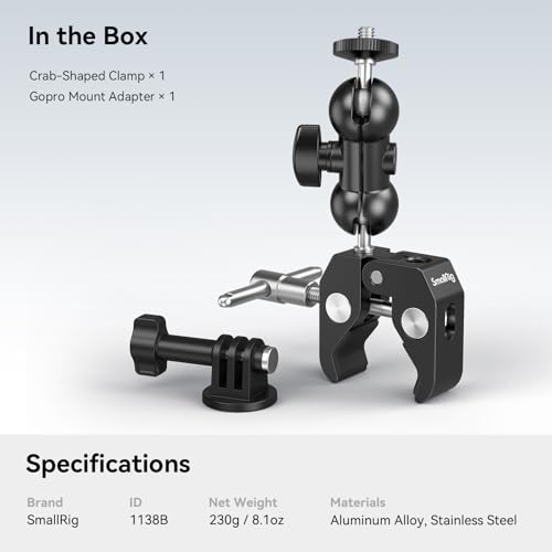 SmallRig Cool Ballhead Arm Super Camera Clamp Mount Double Ball Adapter, Fence Desk Table Mount for Ronin-M for Insta360, for Gopro - 1138 - style: Clamp