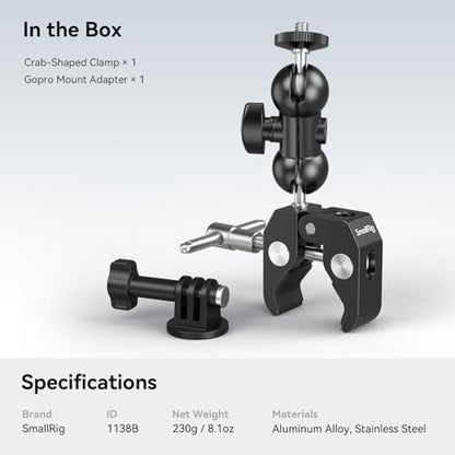 SmallRig Cool Ballhead Arm Super Camera Clamp Mount Double Ball Adapter, Fence Desk Table Mount for Ronin-M for Insta360, for Gopro - 1138 - style: Clamp