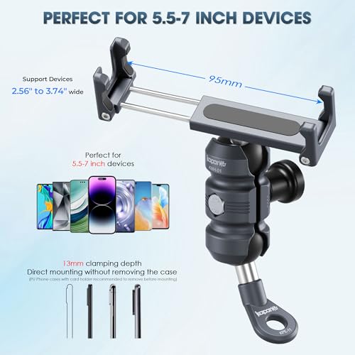 Motorcycle Phone Clip Kit, for 8-10mm Screw/Mirror Install, Anti-Theft Double Socket Arm/25mm Ball Top and Base, Suitable for Width of 2.56-3.74" Phone (KPS-04)