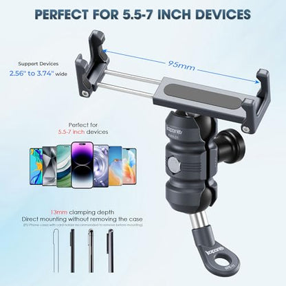 Motorcycle Phone Clip Kit, for 8-10mm Screw/Mirror Install, Anti-Theft Double Socket Arm/25mm Ball Top and Base, Suitable for Width of 2.56-3.74" Phone (KPS-04)
