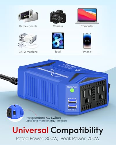 BESTEK Pure Sine Wave Power Inverter, 300W DC 12-17V to 110V AC Car Adapter - color: Blue