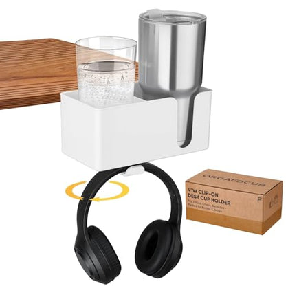 4-in-1 Clip On Desk Cup Holder, Fits up to 40oz cups - Mountable Holder with Adjustable Divider & 360° Rotating Hook - No Spill Clamp On Drink Holder Attachment - for Desk Chair Table Bed Tray - White - color: White - 4" W Dual Cup