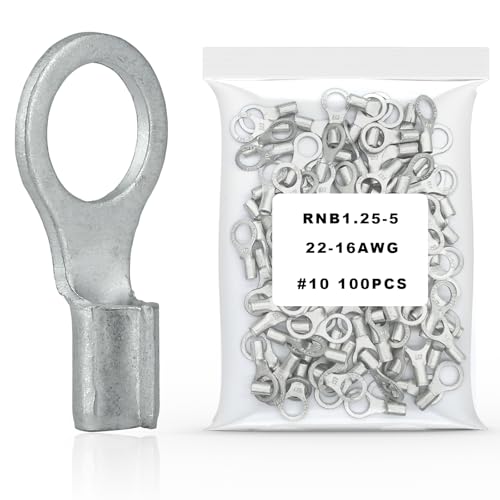 100Pcs #10 Non-Insulated Ring Terminal,22-16 AWG Brazed Seam Red Copper Wire Connectors,Crimp Connector Terminal Kit (Ring #10 100PC, AWG22-16) - size: AWG22-16, style: Ring #10 100PC