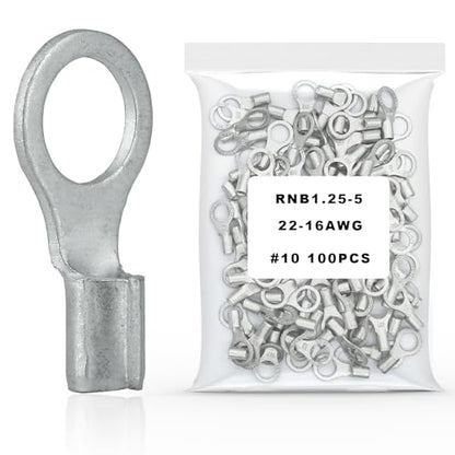 100Pcs #10 Non-Insulated Ring Terminal,22-16 AWG Brazed Seam Red Copper Wire Connectors,Crimp Connector Terminal Kit (Ring #10 100PC, AWG22-16) - size: AWG22-16, style: Ring #10 100PC