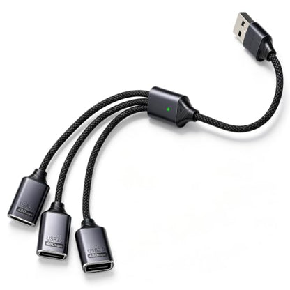 USB 2.0 Adapter USB Y Splitter 1 in 3 Out, 0.8Ft Male to 3 Female Extension Hub Cable for Car/PC/Laptop/Keyboard/Smartphone/Flash Drive Data Transmission (Black)