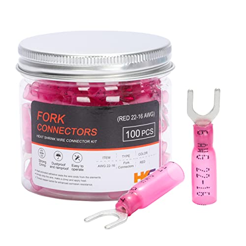 HKS 100PCS Fork Connector #10 Red 22-16 Gauge - Heat Shrink Spade Fork Wire Connectors Kit - Tinned Red Copper - Automotive Marine Crimp Connectors - Waterproof and Insulated Terminals - color: Red 22-16 Gauge, size: #10