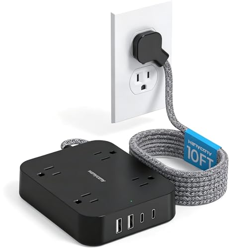 10 Ft Braided Extension Cord, Ultra-Thin Flat Plug, 4 Widely Spaced Outlets - color: Black, size: 10 Ft