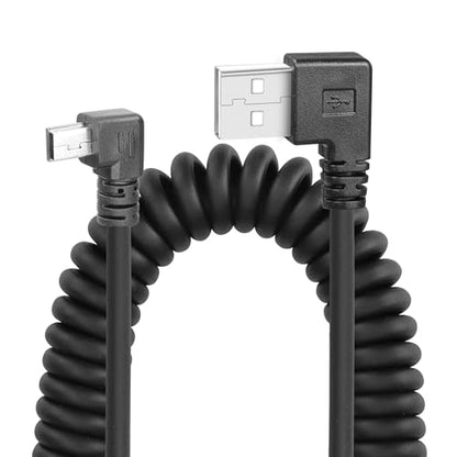 YACSEJAO Coiled Mini USB Cable 90 Degree, USB Type A to Mini B Male Data Sync & Charge Spiral Cable for Printers, Cameras, Mouse, Cell Phone (Dual Left)