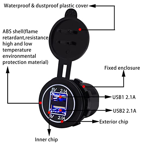 12V USB Outlet, Dual 2.1A Quick Charger Socket Waterproof for Car Boat