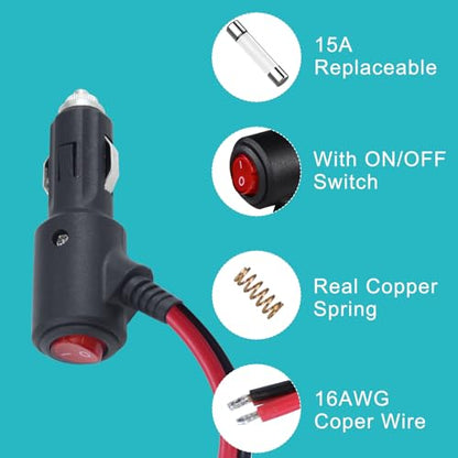 12Volt Replacement Cigarette Lighter Male Plug with On Off Switch - 1FT 12V Fused 15amp Cigarette Male Plug with 16gauge Leads, 12V DC Car Plug Replacement for Car Cooler,Cb Radio, Air Compressor - size: 1FT