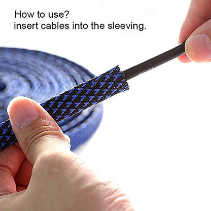 25ft - 1/4 Inch Cable Management Sleeve Protector,Wire Loom PET Expandable Wire Sleeving for Office TV Computer Home Theater Engine Bay Cord Organizer,Protect Cables from Pet Cat Dog Chewing,BlackBlue