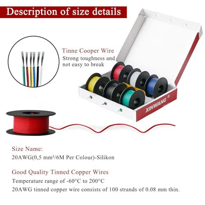XINWANG 20 AWG Silicone Wire Kit, Tinned Copper, 6 Colors, 20 ft Each - size: 20 AWG (0.5 mm² / 6 M) - Silicone