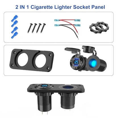12V USB Outlet Marine Switch Panel Plug, PD3.0 and Dual QC3.0 USB Ports Aluminum Car Charger with LED Voltmeter Power Switch, Lighted 150W Cigarette Lighter Socket 2 in 1 DIY Kit for Boat RV ATV, etc. - color: Charger+Socket