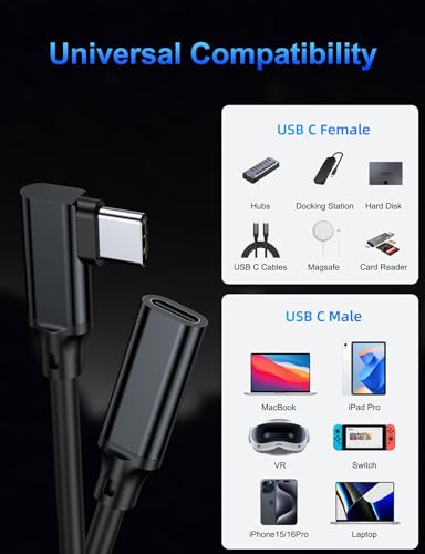 90 Degree Right Angle USB C Male to Female Extension Cable 10FT,Type C USB 3.1 Gen 2 10Gbps 5A 240W 4K Video Compatible with MacBook Pro,iPad Pro,Switch,Dell XPS,Surface Go,PSVR2/USB C Hub,iPhone 15 - size: 10FT