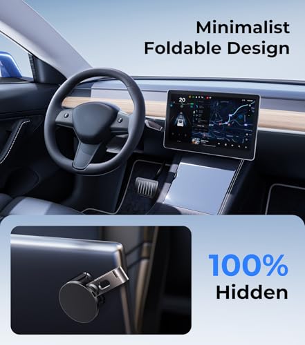 Tesla Phone Mount Qi2 Charger for iPhone MagSafe 【Hidden Foldable Design】 15W Wireless Charging, Universal Car Magnetic Dashboard Phone Holder, Tesla Model 3/Y/Cybertruck Accessories