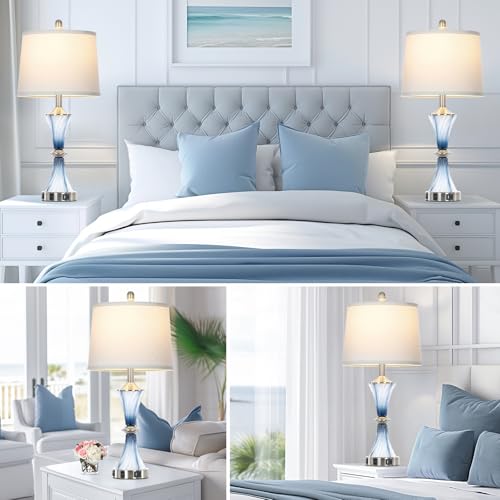 Rinweey Blue Glass Table Lamp Set of 2 with USB C+A Ports & AC Outlet, Bedside Lamp, Modern Bedroom Lamps, Coastal Lamp for Night Stands Bedroom Living Room,Nightstand Lamp LED Bulbs Included - color: Blue