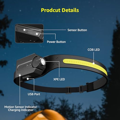 Lepro LED Rechargeable Headlamp Motion Sensor 230°Wide Beam Waterproof