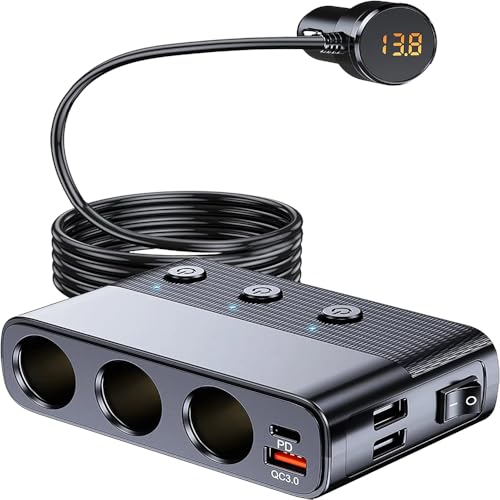 Cigarette Lighter Adapter with 3 Sockets, Car USB Charger Dual Port+QC 3.0+Type-C PD 30W, 12V/24V Cigarette Lighter Splitter with Independent Switches, LED Voltmeter, 66cm Cable