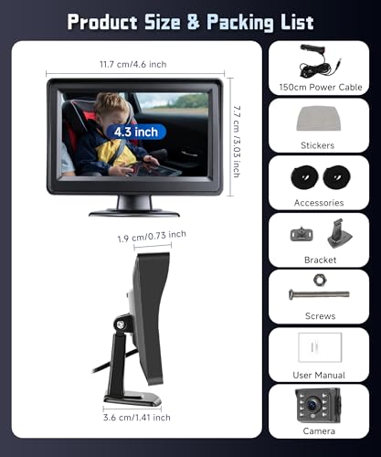 Rear Seat Baby Car Camera for Backseat HD-Rear-Facing Car Baby Monitor with Night Vision, Adjustable View Angle, Easy Setup,360°Rotatable car Camera, Safety for Kids 4.3 inch IPS car Baby Monitor