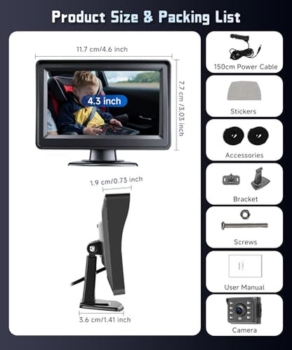 Rear Seat Baby Car Camera for Backseat HD-Rear-Facing Car Baby Monitor with Night Vision, Adjustable View Angle, Easy Setup,360°Rotatable car Camera, Safety for Kids 4.3 inch IPS car Baby Monitor