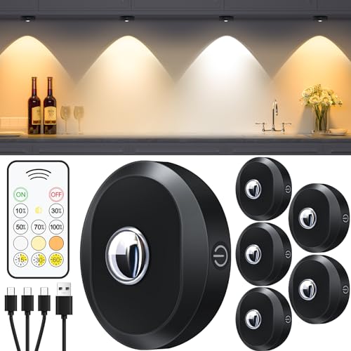 WILLED Puck Lights with Remote Control, Rechargeable Under Cabinet Lights, 1200mAh Battery Operated Tap Lights, Dimmable Push Lighting, Wireless Closet Light, LED USB Stick On Light (6 Pack) - color: Black, size: Warm White - Cool White