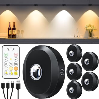 WILLED Puck Lights with Remote Control, Rechargeable Under Cabinet Lights, 1200mAh Battery Operated Tap Lights, Dimmable Push Lighting, Wireless Closet Light, LED USB Stick On Light (6 Pack) - color: Black, size: Warm White - Cool White