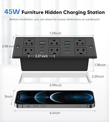 VILONG 45W Recessed Power Strip, Flush Mount, 6AC Outlet, 8USB Ports, 1200J - color: Black, size: 10FT