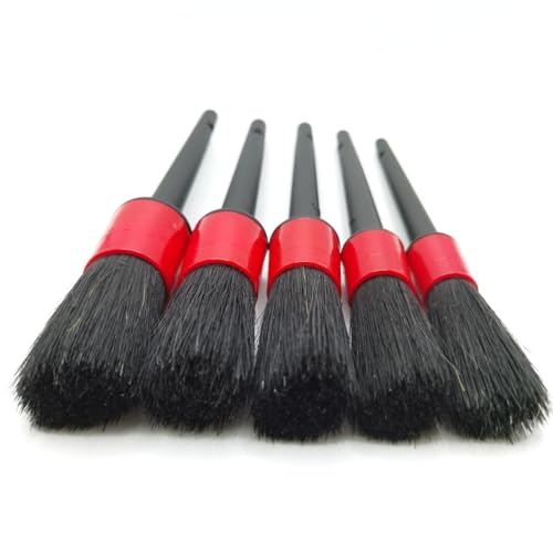 Car Detailing Brush Set of 5 - Boar Hair, Cleaning Brush, Wheel Cleaner Brush, Car Dust Brush, Car Interior Leather Seat and Vent Brush, Parts Cleaner Brush