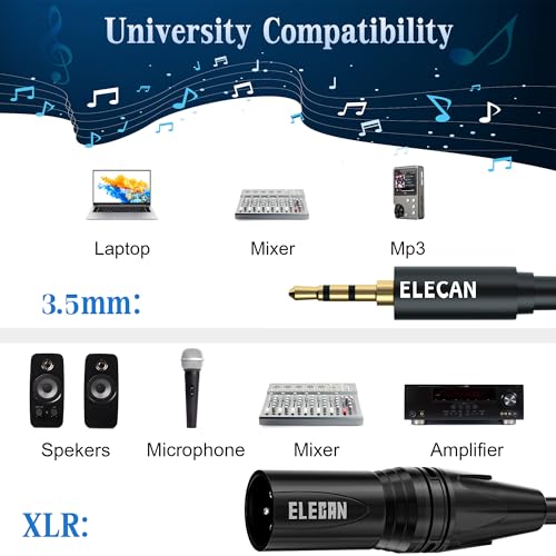 Elecan 3.5mm (1/8 Inch) TRS Aux Male to XLR Male Cable 10 Ft, Balanced Professional Shielded Stereo Microphone Cable Cord, Gold Plated for DSLR Camera Mixer Headphones with 3.5 to 6.35mm Adapter+Ties - size: 10FT, style: 3.5mm to XLR Male