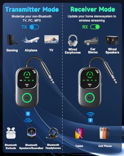 LED Display 2 in 1 Bluetooth 6.0 Transmitter Receiver 3.5mm AUX Jack RCA Wireless Audio Adapter Dongle for Airpods Headphones TV Airplane Flight Car Speaker Home Stereo, Dual Pairing & Handsfree Call - color: Black AUX+RCA+Aircraft