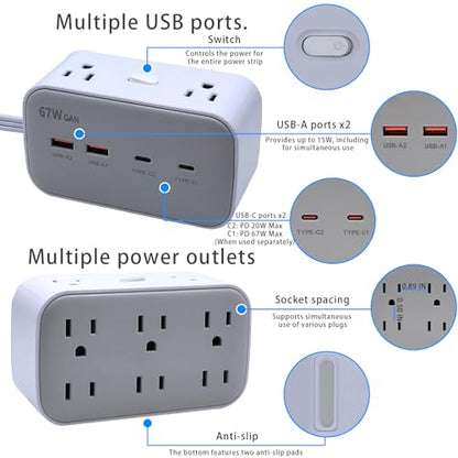 67W Fast Charging Port Power Socket, 5.8 Feet Flat Extension Cord with 8 Outlets and 4 USB (2 USB-C) Fast Charging Ports, Essential for Office, Home, and Dormitory.