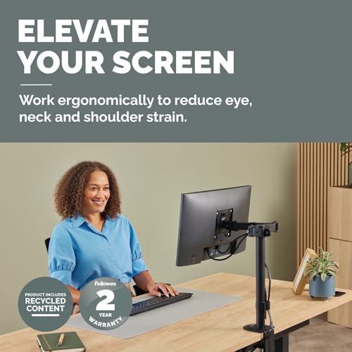 Fellowes Everyday Adjustable Single Monitor Arm – Supports Screens up to 32" Weighing 19.84 lbs, Tilt, Swivel, Rotate, VESA 75/100, Clamp or Grommet Mount, Cable Management - style: Everyday Single Arm