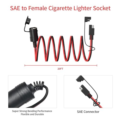 ELFCULB SAE to 12V Cigarette Lighter Socket Cable 14AWG 20FT for RV - color: SAE to CIG, size: 20FT
