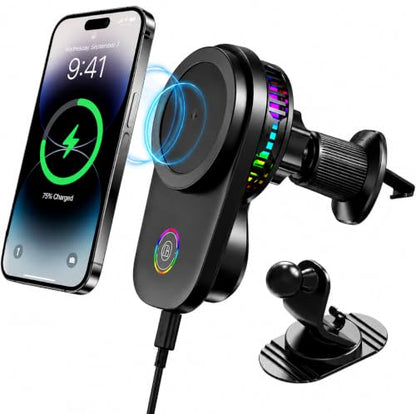 Wireless Car Charger Mount, 15W Fast Charging MagSafe Phone Holder with Cooling Fan, Auto 90° Rotation, Vent & Dashboard Mount for iPhone 17/16/15 Pro Max, Samsung S25/S24