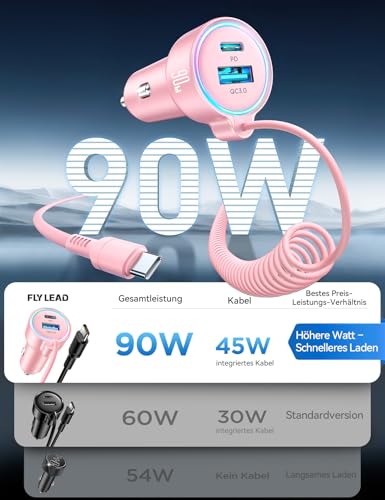FLYLEAD 90W Car Charger USB C Fast Charge, PD45W for iPhone 17/16 Pro Max - color: Pink - 5 FT