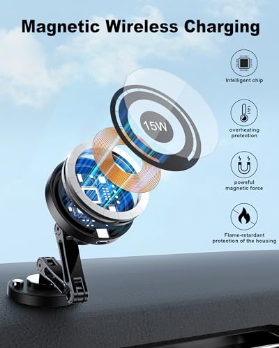 ZBF Magnetic Wireless Car Mount Charger, 15W Fast Charging for MagSafe Car Mount,Magnetic Car Phone Holder Mount, Car Cell Phone Holder Fit iPhone 17 16 15 14 13 12 All Smartphones - style: Rechargeable