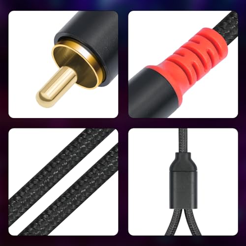 RCA Y Splitter 1 Male to 2 Male Audio Cable 6.6FT, Black Cotton Braided Jacket Gold-Plated Plug Premium Shielded Audio Cable