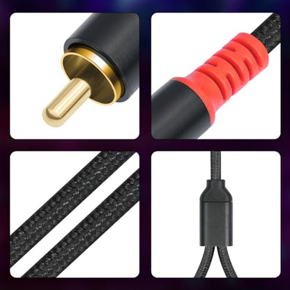 RCA Y Splitter 1 Male to 2 Male Audio Cable 6.6FT, Black Cotton Braided Jacket Gold-Plated Plug Premium Shielded Audio Cable