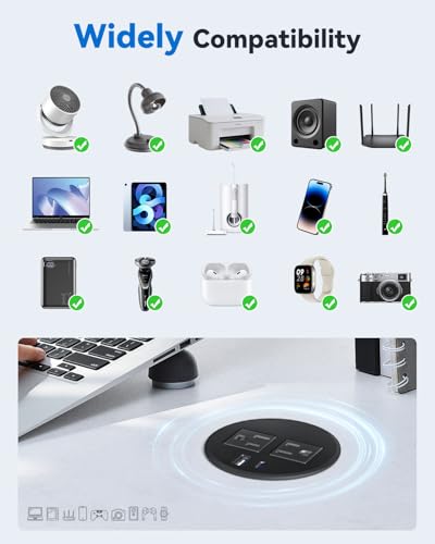 Desktop Power Grommet with 20W USB C Fast Charging, 3 inch Flush-Mount Recessed Power Strip for Desk,Office Tables,Furniture, Recessed Outlet 6FT Cord, 45° Thin Flat Plug, 2 USB Ports, Black