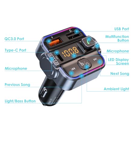 Bluetooth FM Transmitter for Car, PD 30W & QC3.0 Fast Charging, Dual Mics Hands-Free Calling, HiFi Bass & Ambient Light, Wireless Radio Adapter MP3 Music Player, Support USB Drive, 12V/24V (Pack of 3) - size: small (Pack of 3)