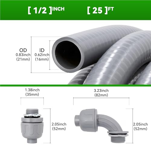 25 Ft Liquid-Tight Conduit and Connector Kit - 1/2 inch Flexible Non Metallic Liquid Tight Electrical Conduit and 4 Straight and 3 Angle Fittings Included. 1/2" Dia - size: 25FT