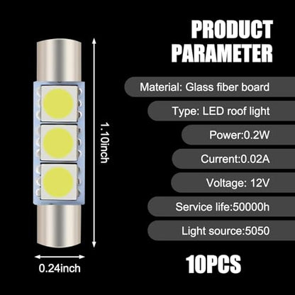 10 PCS T6 5050 Car LED Sun Visor Lights, 28MM 12V 300LM Super Bright Waterproof Vehicle Reading Light Bulb Replacement, Universal Automotive Roof Light Accessories (White Light) - color: White Light