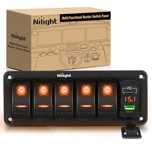 Nilight 5 Gang Rocker Switch Panel with PD Type C and USB Charger Voltmeter - color: Amber, size: 6 Gang Type C +USB