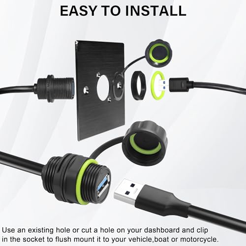 USB 3.0 Male to Female Mount Flush Extension Cable IP68 Outdoor Waterproof USB Threaded Socket Cable Adapter 5.0Gbps USB A Waterproof Socket for Data + Power,Industrial Standard 3.28ft