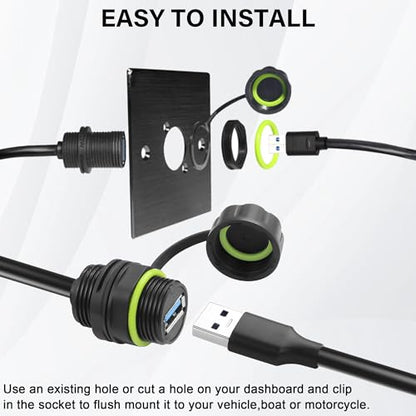 USB 3.0 Male to Female Mount Flush Extension Cable IP68 Outdoor Waterproof USB Threaded Socket Cable Adapter 5.0Gbps USB A Waterproof Socket for Data + Power,Industrial Standard 3.28ft