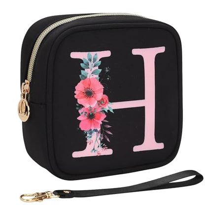 Relavel Initial Mini Makeup Bag for Girls, Small Makeup Bag for Purse with Zipper ＆ Removable Handle, Portable Makeup Pouch Lipstick Skincare Bag, Small Gift Cosmetic Bags for Women Girls(Black H) - size: A-Small, style: H